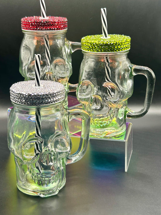 Skull Mason Jar Mugs with Rhinestoned Lid