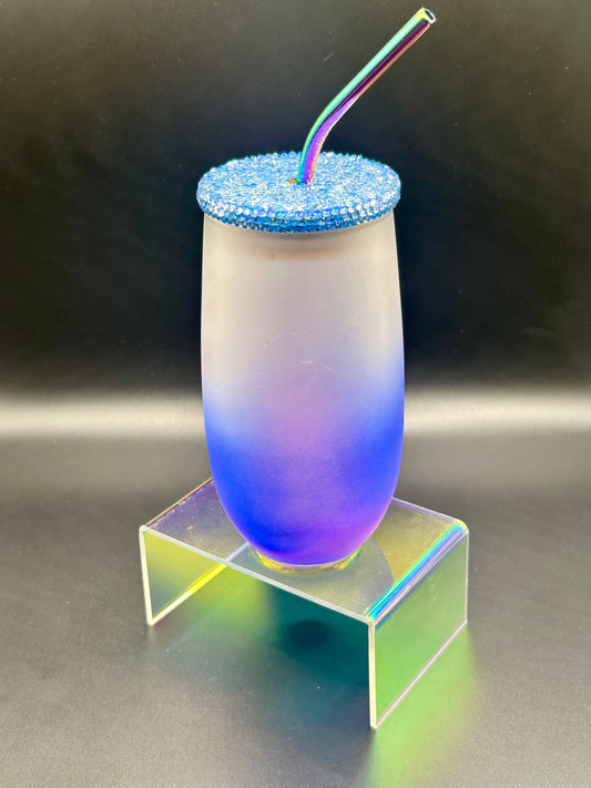 16 oz Color Gradient Glass Cup with Rhinestoned lid