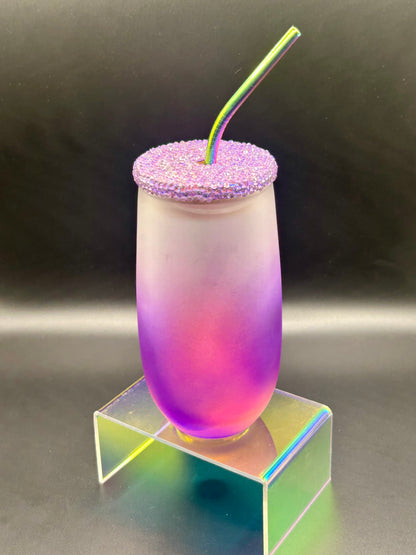 16 oz Color Gradient Glass Cup with Rhinestoned lid